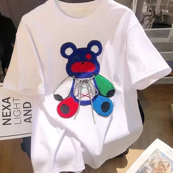 Висококачествени памучни цветове мечка флокиране бродерия тениска корейски тенденция мода Kawaii Y2k върховете случайни дама лято голям 3XL