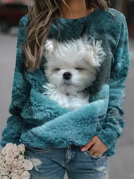 Дамски суитчър пуловер пролетта 3D печат основни синьо куче улица кръг врата плюс размер дълъг ръкав