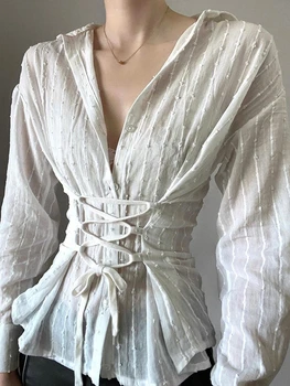 Дамски блуза с дълъг ръкав V Neck poms, блуза с копче надолу талия Y2K секси шифон швейцарски точка блузи риза