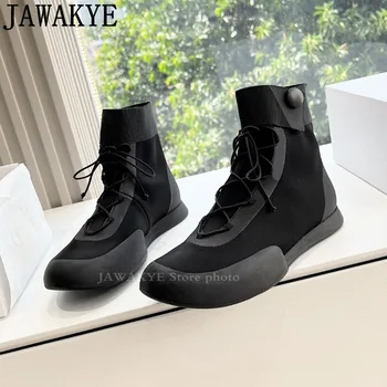 New Casual High Top Flat Shoes Women Canvas Shoes Round toe Lace up Ankle Boots Women Luxury Fashion Week Slip on botas mujer