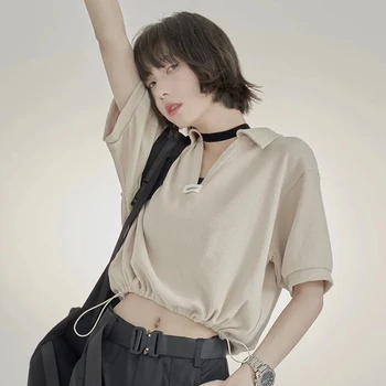 Y2K жени шнур T ризи лятна мода секси изрязани женски къс ръкав върховете корейски случайни streetwear хлабав тениски