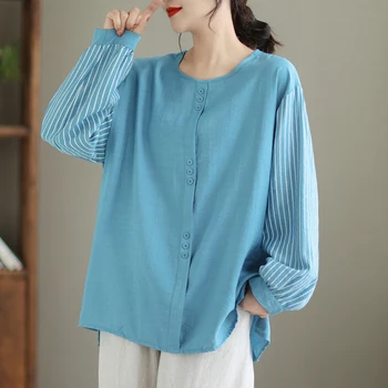 NYFS 2023 Пролет Есен Нова Корея Жена Върховете Loose All-Match памучен лен Solid дълъг ръкав T Shirt