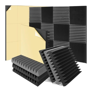 12 пакет 2X12x12inch звукоизолиращи стенни панели самозалепващи се за домашно студио офис, черно и сиво