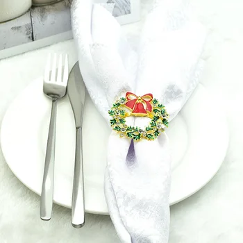 1PC Коледни държачи за пръстени за салфетки Коледа Начало Декорация на маса Метален малък звънец тъкан пръстен за сватбено тържество хотел маса декор