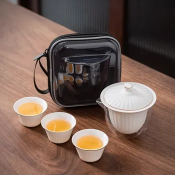 Керамичен чайник Gaiwan с 3 чаши преносим домашен офис за пътуване пиене чай комплект с чанта за пътуване