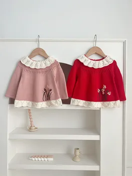 бебе момичета нова плетена пола пуловер мода дантела ръб ръчна бродерия бебе пуловер 2023 есен деца топли връхни дрехи