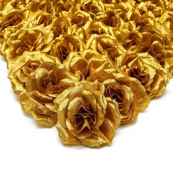 Изкуствени цветя коприна роза цветни глави,50Pcs за шапка дрехи албум декорация, сватбена украса (злато)