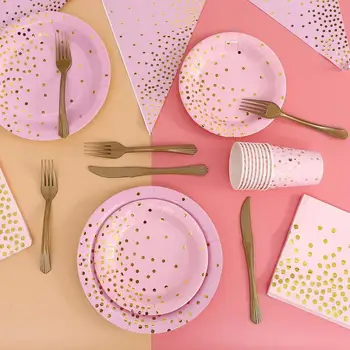 Pink Dot Pattern Еднократна хартиена чиния Чаши за рожден ден Комплект прибори за хранене за бебешки душ Сватбено парти Булчински душ