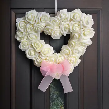 Свети Валентин бял изкуствен цветен венец копринена роза венец романтичен гирлянд с форма на сърце на открито сватба декорация на дома