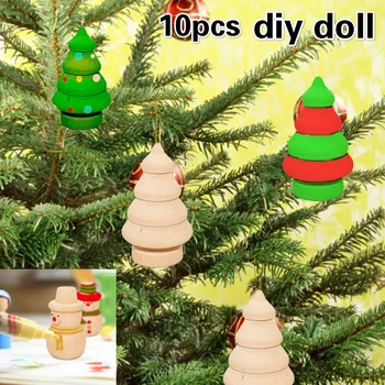 10pcs/set Детски дървени кукли Дървени фигурки Коледна украса Занаятчийски Kid DIY Живопис Дърво дърво Снежен човек занаятчийска играчка