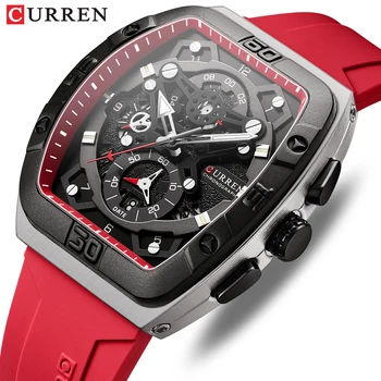 CURREN спортен часовник за мъже, многофункционален и светещ със силиконова каишка и форма tonneau