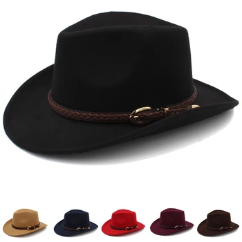 Мъже Жени Вълна Западни каубойски шапки Широка периферия Панама Шапки на открито Сомбреро Пътуване Fedora Sunbonnet Парти Регулируем размер M-L