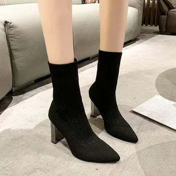 Модни заострени ботуши до глезена за жени 2023 Есен Зима Нова мрежа дишаща дамски чорап ботуши черен елегантен рокля обувки