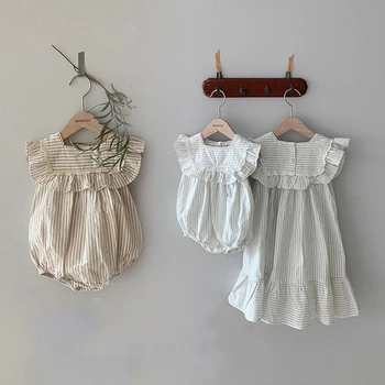 2024 Нова пролет лято новородено малко дете бебе момичета ивица гащеризон сладки къдри дантела деца принцеса рокля 1-6 години сестра дрехи