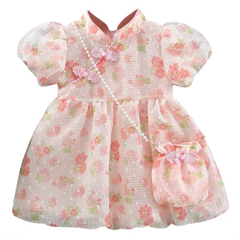 2Piece Set 2023 Летни рокли за малки деца Мода Сладки цветя Mesh принцеса Луксозна рокля за рожден ден + чанта Новородени бебешки дрехи BC2404