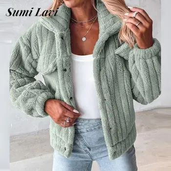 All-мач дълъг ръкав плътен цвят жилетка мода ревера дълъг ръкав руно размита топло палто есен зима дамски къси якета
