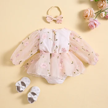 Бебе бебе момиче флорални дантела гащеризон рокля бутер дълъг ръкав tutu пола принцеса рокля пролетни дрехи
