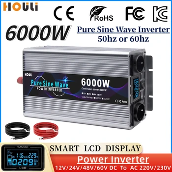 Чист синусоидален инвертор 3000W 5000W 6000W инвертор DC 12V 24V 48V към AC 220V преносим преобразувател на мощност банка слънчев трансформатор LCD