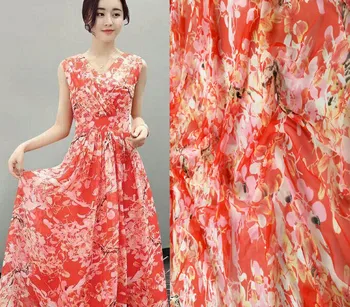 Pure Natural 100% черница коприна шифон плат цифров печат червени цветя Tissus au метър текстил шият жени рокля шал широк Tull