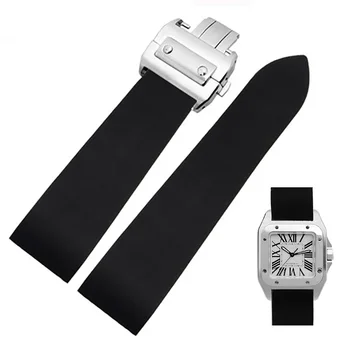 25mm гумена водоустойчива лента за часовник се вписва за Cartier Santos 100 W2020007 силиконова каишка Сребърно злато сгъваема катарама черна гривна