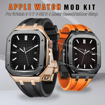 Луксозен комплект за модификация за Apple Watch Series 9 8 7 45mm 6 5 4 44mm Корпус от неръждаема стомана + силиконова каишка за iWatch Метален капак