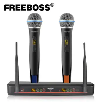 FREEBOSS Динамичен ръчен микрофон UHF безжичен 2 * 100 канален регулируем честотен автоматичен микрофон за безжичен микрофон за караоке FB-U38