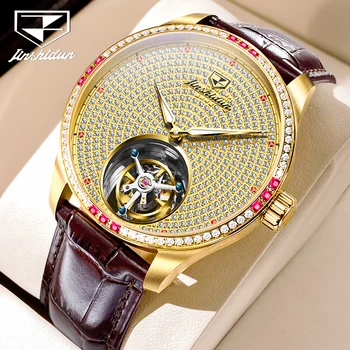 JSDUN Tourbillon Автоматични механични ръчни часовници за мъже Луксозен напълно диамантен сапфир огледало естествена кожа каишка мъжки часовник