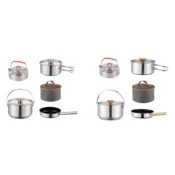 Комплект съдове за готвене за къмпинг, готварски комплект от неръждаема стомана, комплект за готвене с чайник