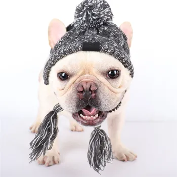 Плетена шапка за кучета Зимна топла ветроупорна кучешка шапка с дупки за уши Сива плетена регулируема шапка за домашни любимци Сладка рокля за кучета аксесоари
