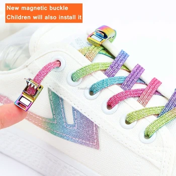 New Rainbow магнитно заключване Връзки за обувки Еластични Без вратовръзка Връзки за обувки Маратонки Връзки за обувки Детски възрастни Мързеливи дантели Един размер подходящ за всички обувки