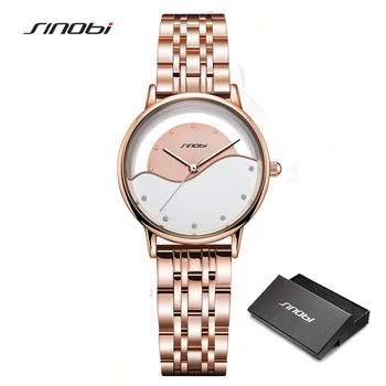 SINOBI Дамски часовници мода розово злато неръждаема петно стомана дами часовник водоустойчив кварц ръчен часовник Romatic приятелка подарък