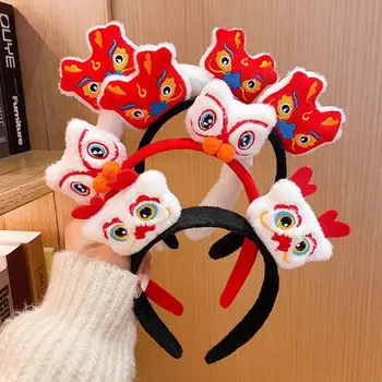 2024 Честита Нова Година Червена лента за глава китайски стил карикатура парти Шапка бродерия коса обръч лъв танц