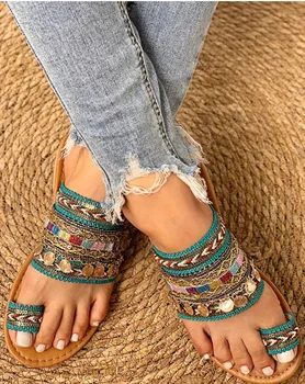 Дамска обувка лятна гръцка стил Boho народно-обичай занаятчийски дами плоски чехли случайни дишащи удобни плажни жени сандали
