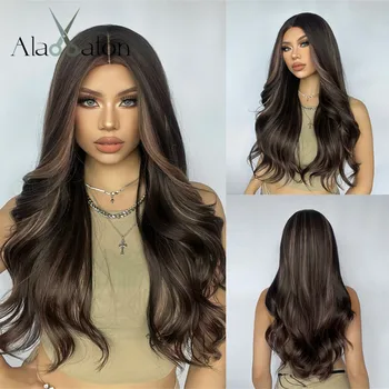ALAN EATON Brown Long Body Wave синтетични перуки подчертават смесен цвят топлоустойчива перука за жени Daily Natural Looking Hair Wig