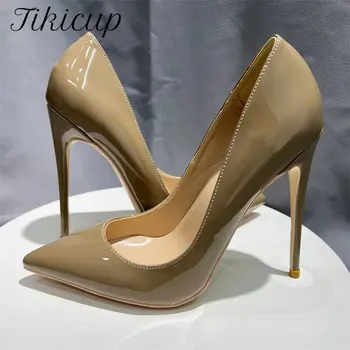 Tikicup Glossy Khaki Women Pointy Toe обувки на висок ток Класически елегантен приплъзване на официални помпи за шило OL униформа костюм рокля