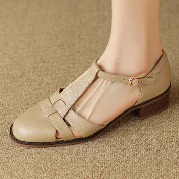 Дамски естествена кожа тясна лента плетен т-каишка апартаменти сандали кръг пръсти случайни женски летни римски стил обувки за жени горещо