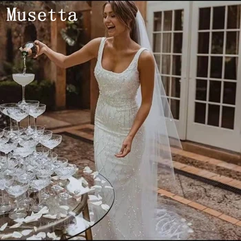 Musetta Simple спагети презрамки русалка дантела апликация сватбена рокля без гръб лъжичка врата съд влак булчински рокля по поръчка