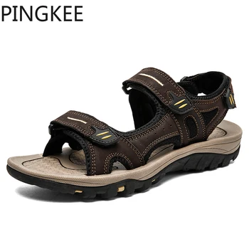PINGKEE изработени шевове вода Aqua отворени пръсти омекотена кожа горната лятна туризъм сандали за мъже плаж кука линия каишка обувки