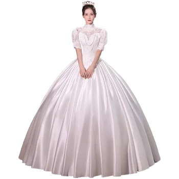 Сладка памет сатенена парти рокля принцеса дантела високо деколте топка рокля булката рокля прости елегантни реколта сватбени рокли