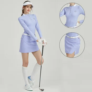 Blktee жени A-облицована голф къса пола с висока талия плисирани Skorts дами стойка яка тениска тънък дълъг ръкав голф върховете комплекти