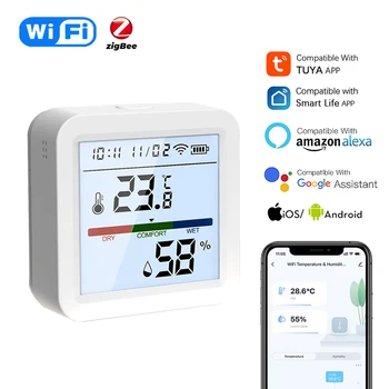 Tuya WiFi / Zigbee Интелигентен сензор за температура и влажност Подсветка LCD дисплей APP Remote Monitor работи с Alexa Google Home