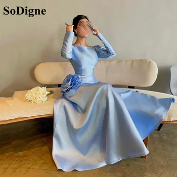 SoDigne Сини скромни абитуриентски рокли Саудитска Арабия дълги ръкави сатен официална вечерна рокля без гръб 3D цвете повод парти Evens